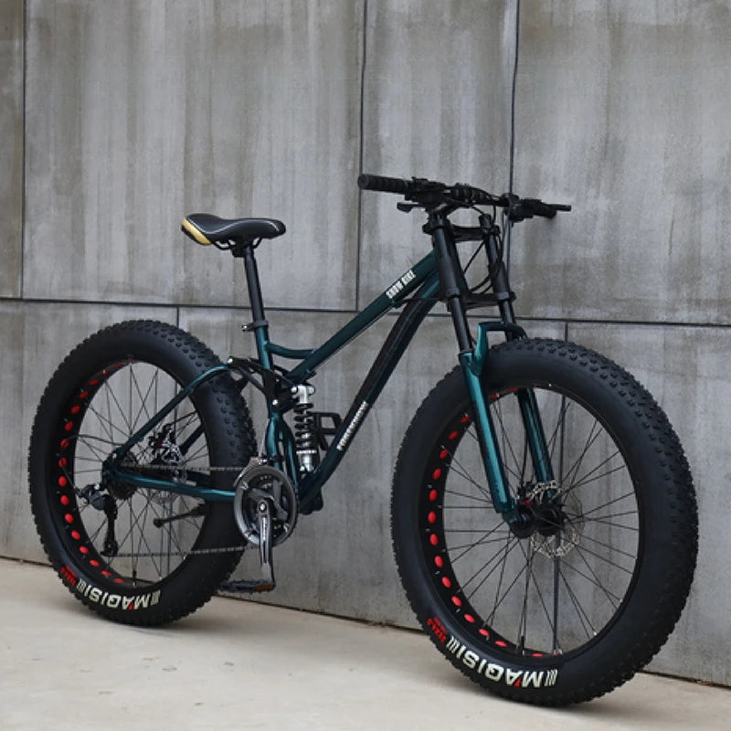 Fat Tire Mountain Bike – 4.0" Wide Tires, Soft-Tail Frame, Double Disc Brakes, 7–27 Speed, 24" or 26" Wheel, Unisex