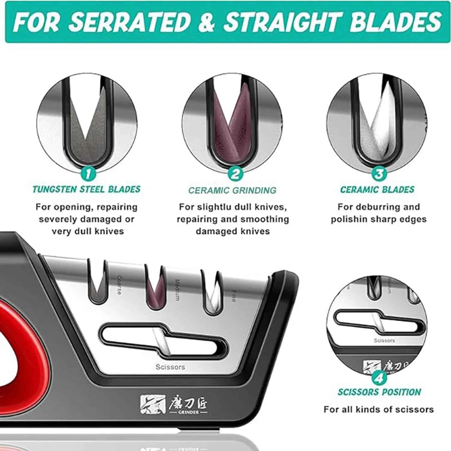 Four in one kitchen sharpener restores serrated blade knives and scissors, diamond tungsten steel