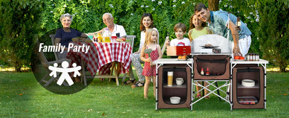 Premium Folding Camp Kitchen Table with Cabinet &amp; Windscreen | Aluminum + MDF