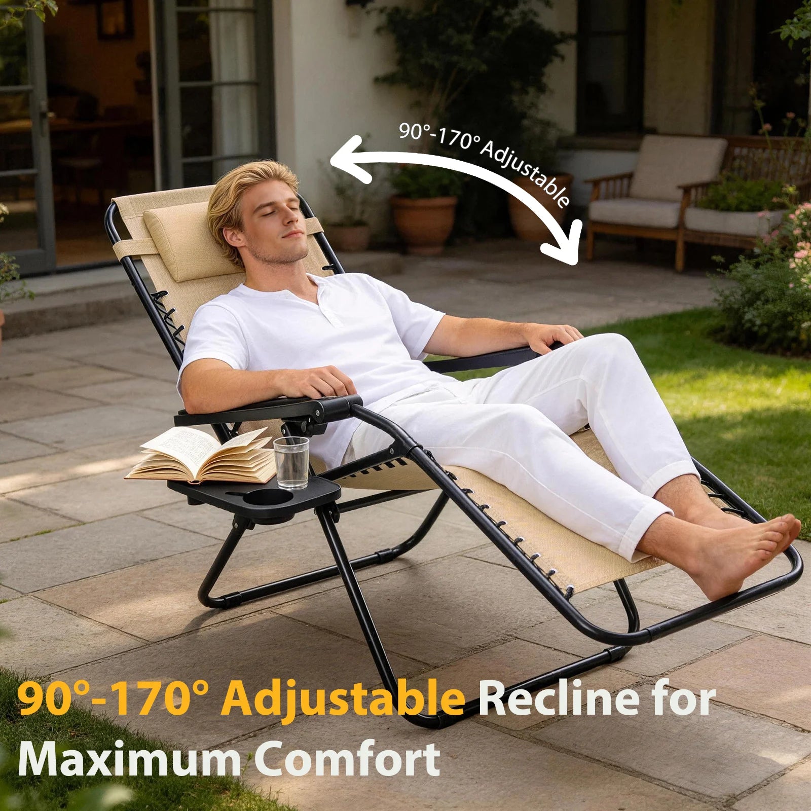 Zero Gravity Recliner Chairs Set of 2 — Portable Folding Lounge Chairs with Cup Holder Tray &amp; Headrest