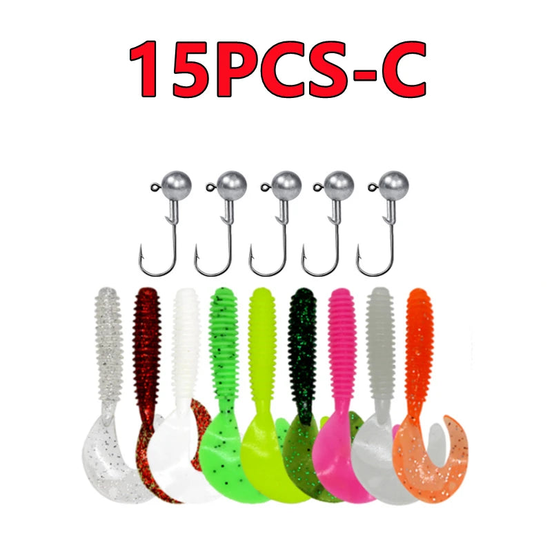 Soft Silicone Worm Fishing Lures with Jig Head Hooks | 15, 20 &amp; 40 Pack | Assorted Colors | Bass &amp; Finesse