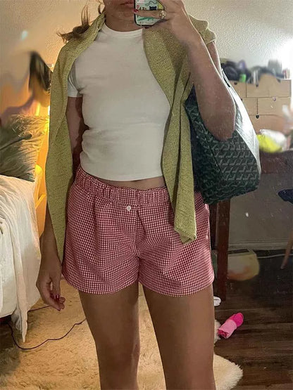 Women’s Y2K Retro Cleanfit Plaid Print Elastic Low Waist Button Front Aesthetic Loungewear Loose Shorts Boxers Streetwear