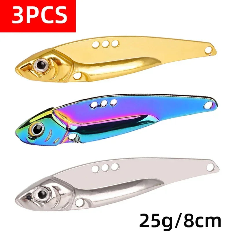 3-Piece Metal VIB Fishing Lure Set – Sinking Spinner Spoon Blade | 7g–25g | Treble Hook | Pike, Carp &amp; Sea Fishing