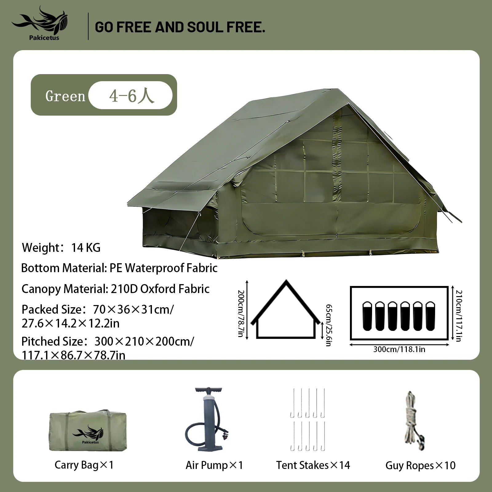 PAKICETUS Inflatable Camping Tent – 4-8 Person Portable 4-Season Waterproof Tent with Windows
