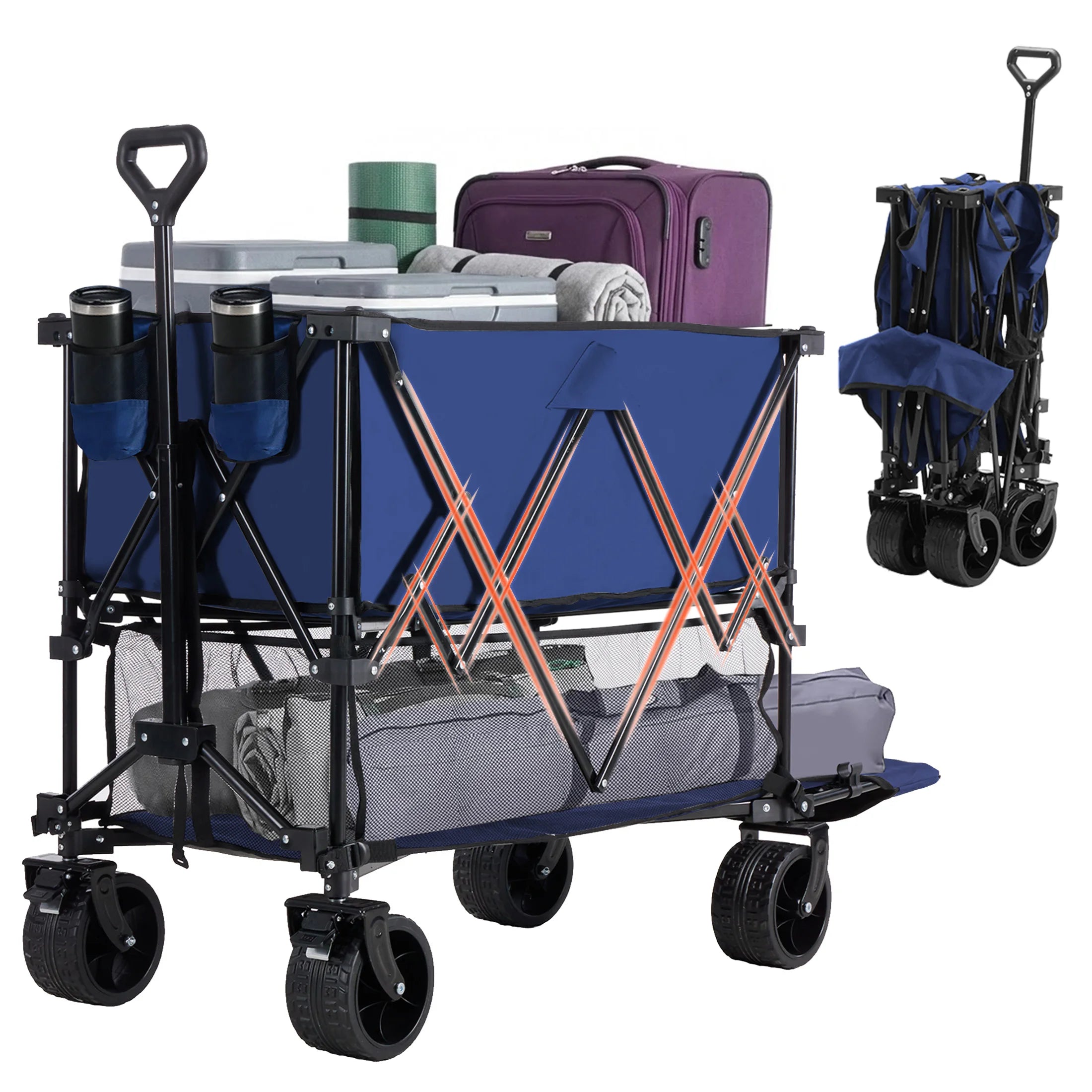 DUMOS Folding Wagon Cart – 440 lbs / 320L Capacity, Adjustable Handle, 600D Oxford, 360° Swivel Wheels