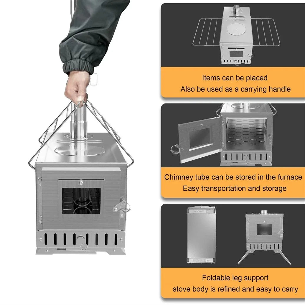 Hot Tent Stove, unho Wood Burning Stove, Portable Wood Stove with 6 Stainless Chimney Pipes for Outdoor Heating &amp; Cooking