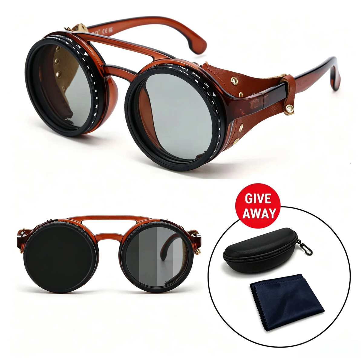 lafforgue ND9 Adjustable Dimming Steampunk Sunglasses – 9-Level ND Filter, Leather Side Shields, UV400, Unisex