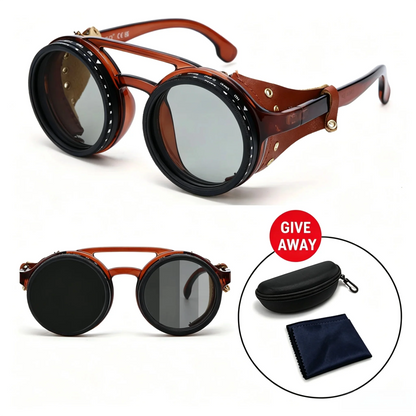 lafforgue ND9 Adjustable Dimming Steampunk Sunglasses – 9-Level ND Filter, Leather Side Shields, UV400, Unisex