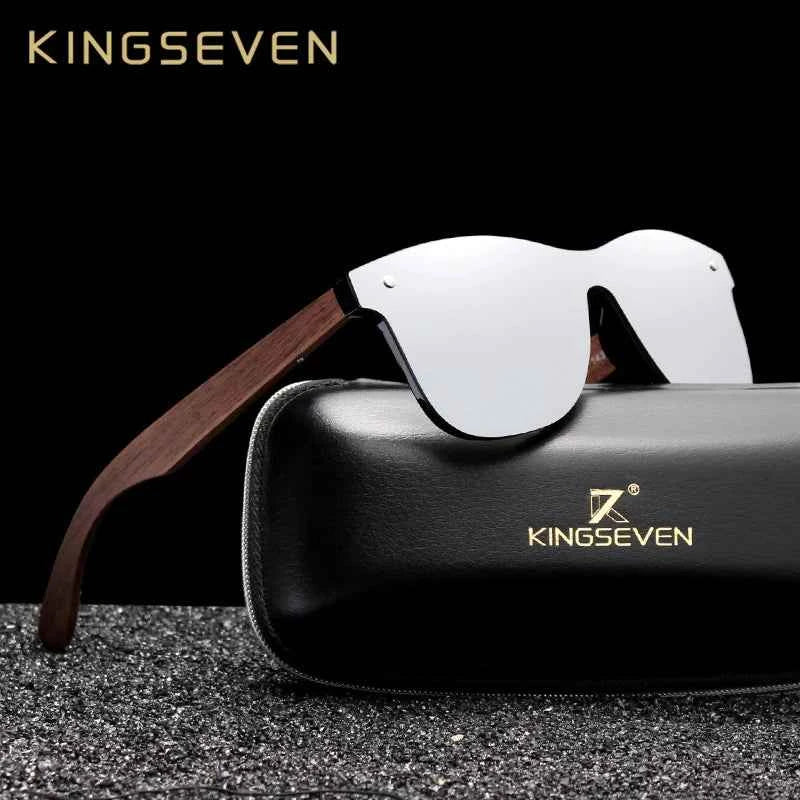 KINGSEVEN NW-5504 Rimless Walnut Wood Sunglasses – Polarized Mirror, UV400, Leather Case