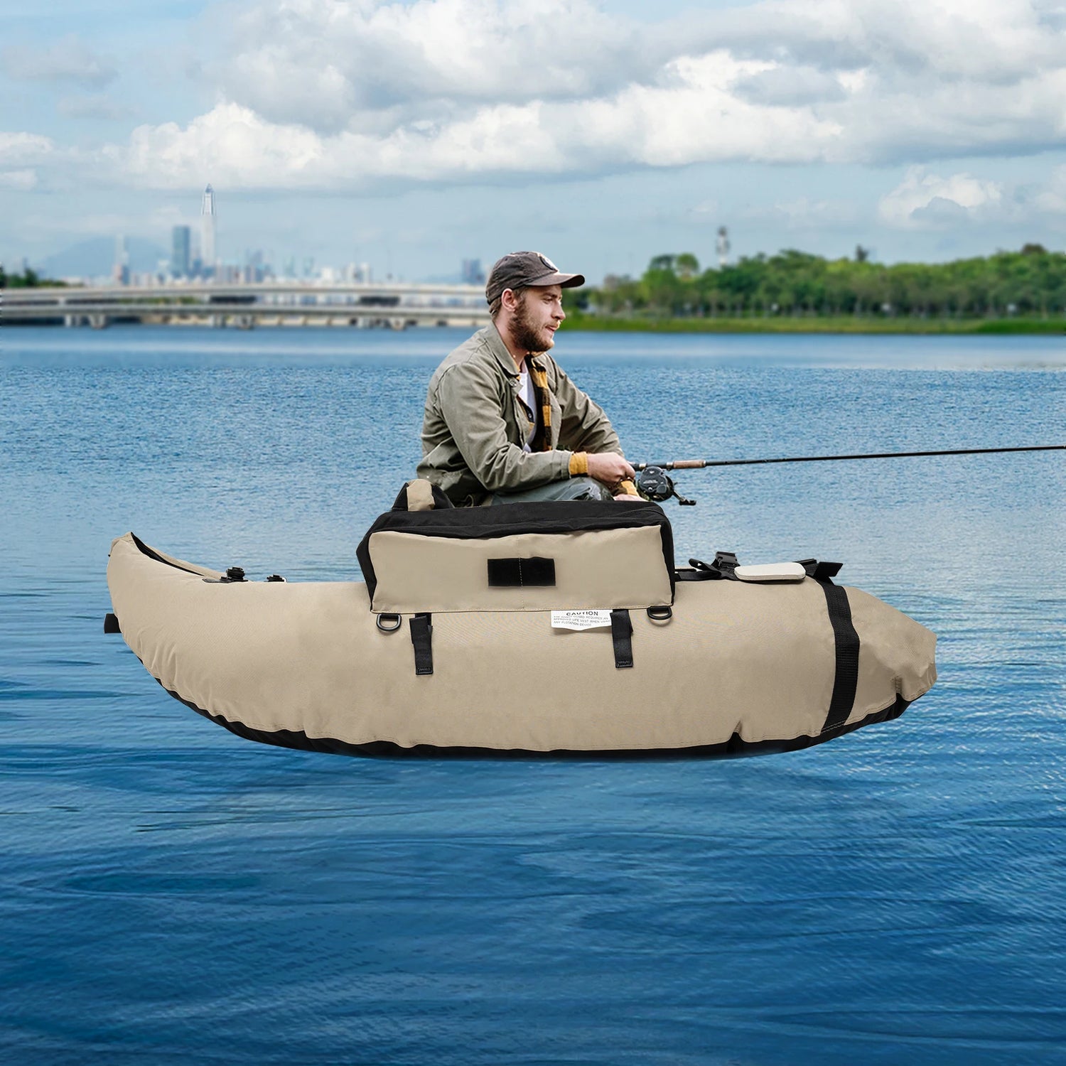 Outdoor Inflatable Fishing Boat Khaki Portable Fishing Raft 286.6LBS Load 90-180° Adjustable Backrest for Ocean/River Fishing