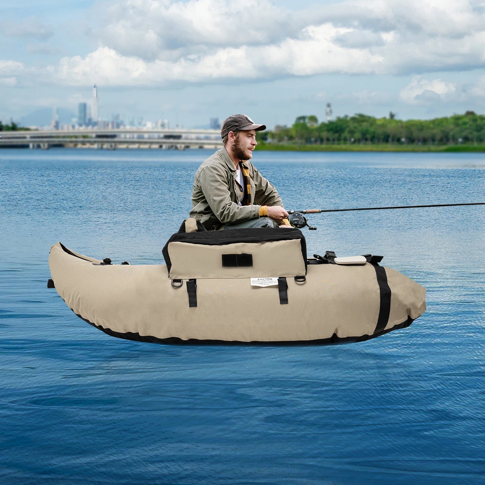 Outdoor Inflatable Fishing Boat Khaki Portable Fishing Raft 286.6LBS Load 90-180° Adjustable Backrest for Ocean/River Fishing