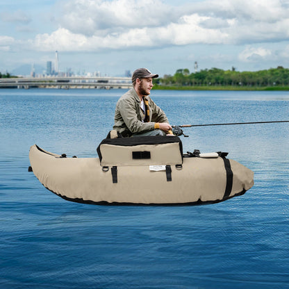 Outdoor Inflatable Fishing Boat Khaki Portable Fishing Raft 286.6LBS Load 90-180° Adjustable Backrest for Ocean/River Fishing