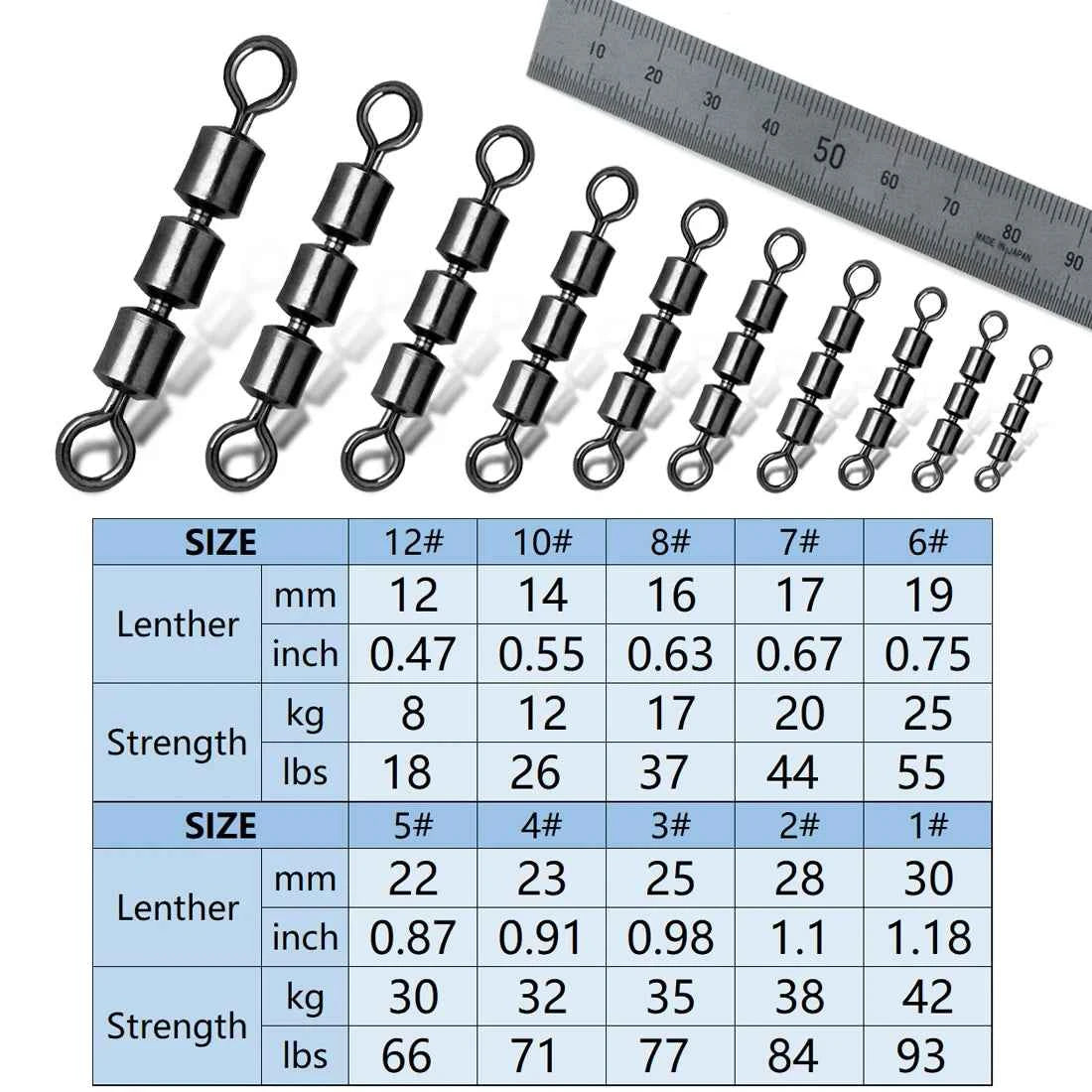 Triple Roller Barrel Swivels – High-Speed 3-Bearing Fishing Swivels (10 Sizes, 15/30/60 Pack)