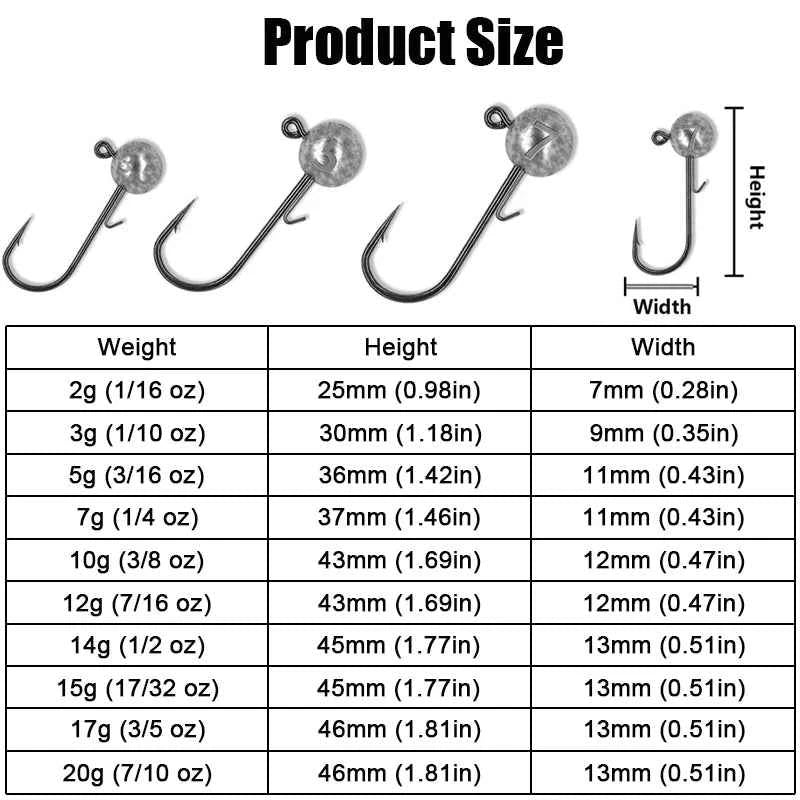 Round Ball Jig Heads – 50 Pack | High-Carbon Steel Hook | 2g–20g | Bass, Crappie &amp; Trout