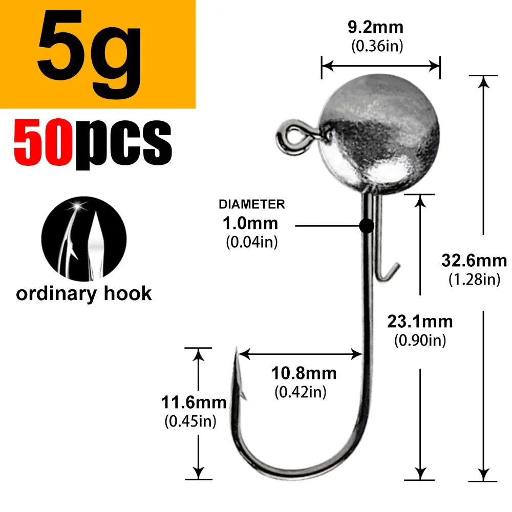 Round Ball Jig Heads – 50 Pack | Weedless Barbed Hook | 1g–20g | Bass, Crappie &amp; Trout