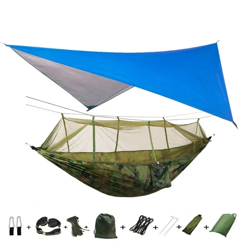 Double Camping Hammock with Mosquito Net, Rain Fly &amp; Tree Straps – 2 Person | 210T Nylon | 600 lb | 3000mm Rainfly