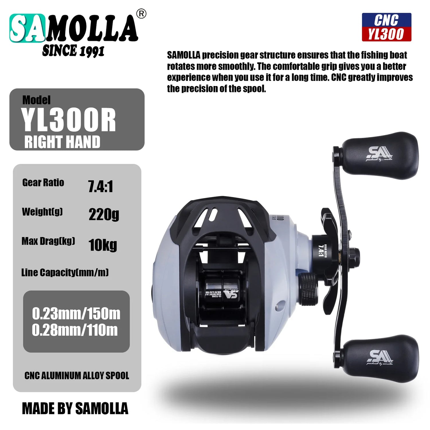 YL300 Baitcasting Fishing Reel – 6+1BB 7.4:1 Gear Ratio 10KG Drag Short-Shaft Spool for Snakehead, Lake &amp; Ocean Fishing