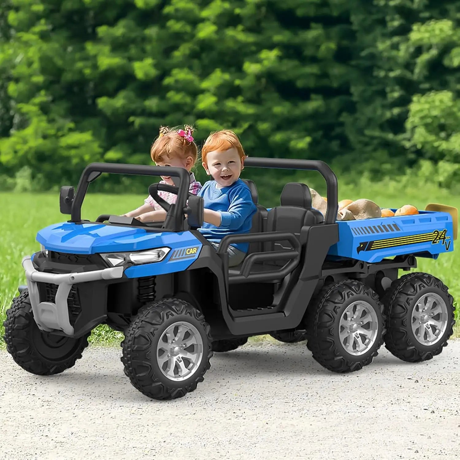 24V 2 Seater 6 Wheel Ride On Dump Truck with Parent Remote Control, 4WD Electric Car for Kids UTV Style Dump Bed &amp; Music Horn