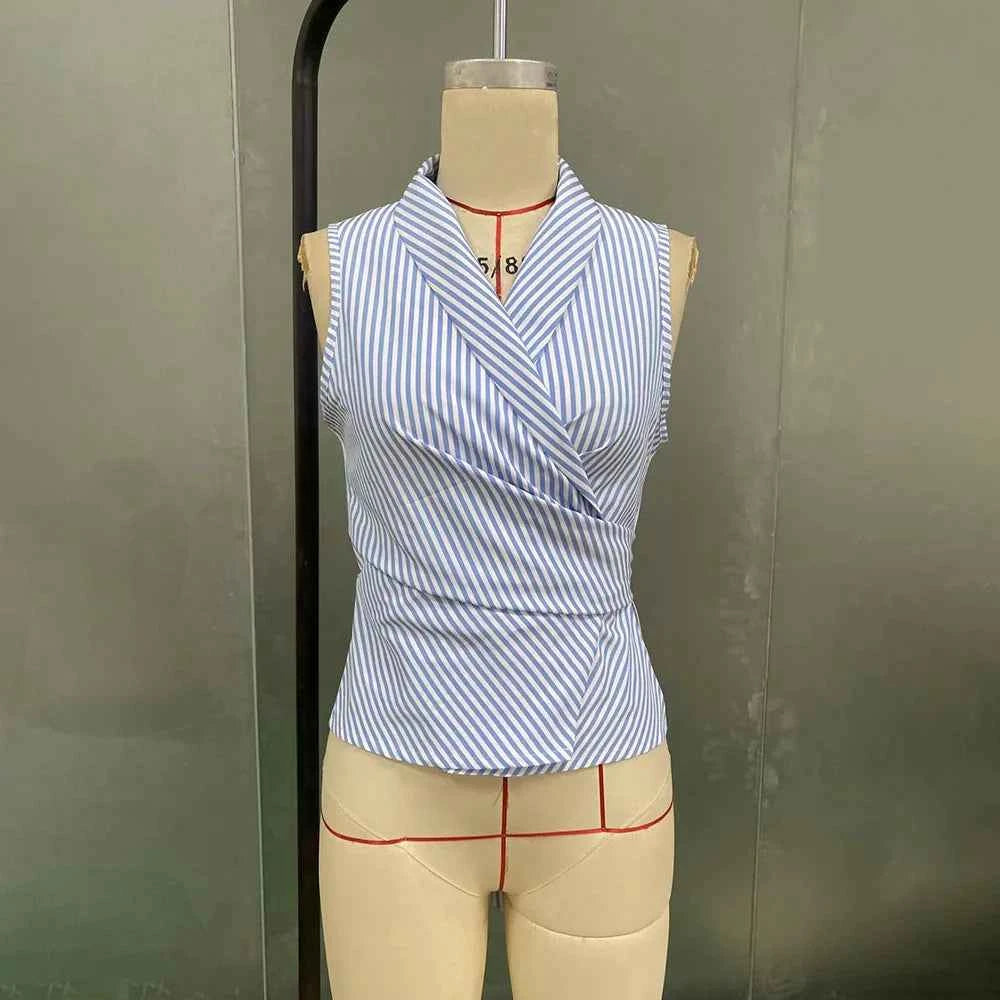 Casual Strap Waist Slim Vest Shirt Women 2025 Summer Fashion Sleeveless Striped Print Blouse Tops Female Elegant