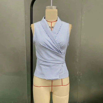 Casual Strap Waist Slim Vest Shirt Women 2025 Summer Fashion Sleeveless Striped Print Blouse Tops Female Elegant