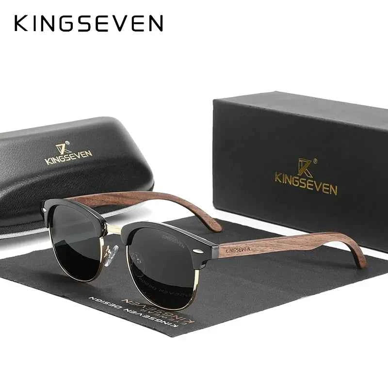 KINGSEVEN W5516 Walnut Wood Polarized Semi-Rimless Sunglasses – Oval, UV400, Unisex
