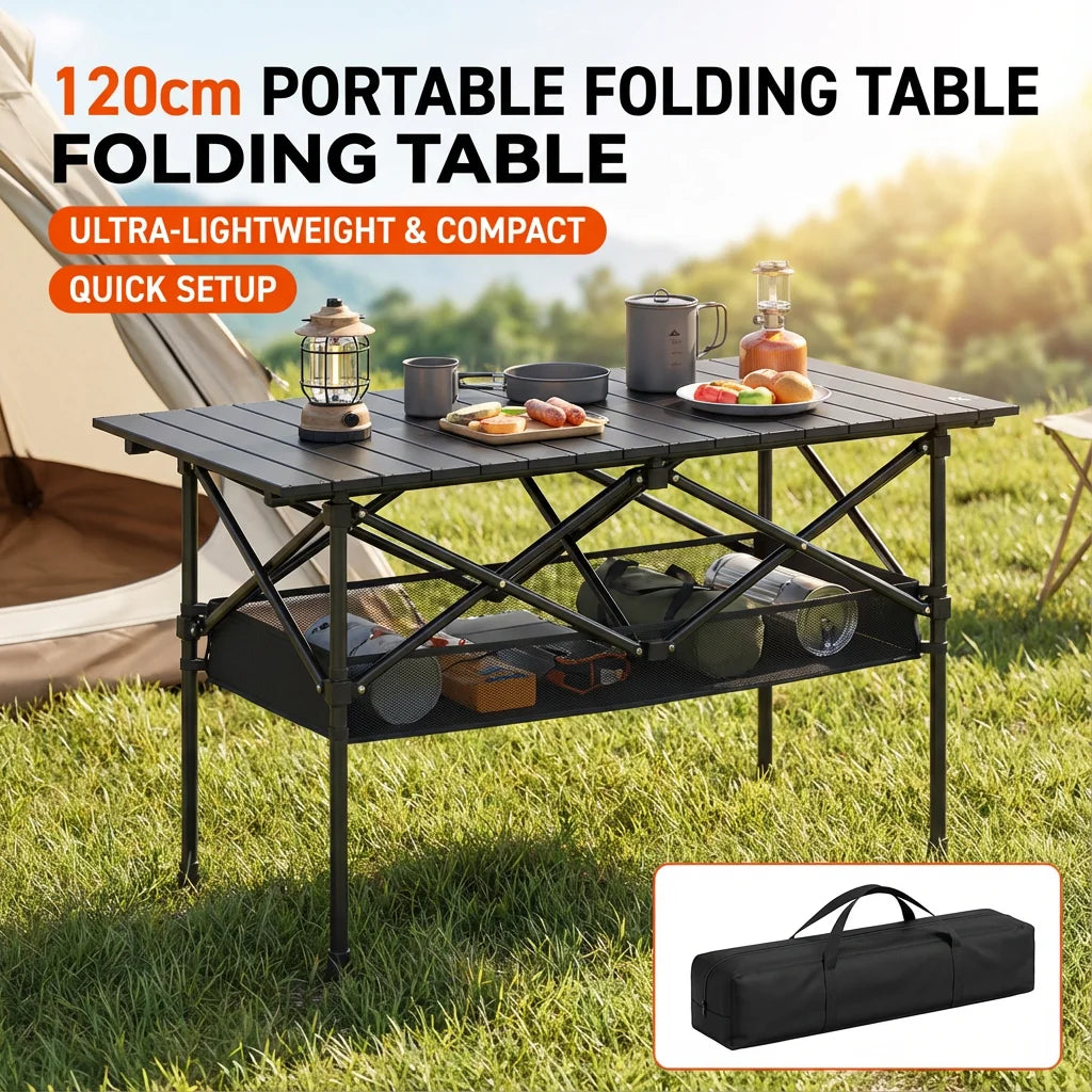 Aoran Portable Folding Camping Table – Adjustable Height, Mesh Shelf &amp; Carry Bag, 95cm / 120cm