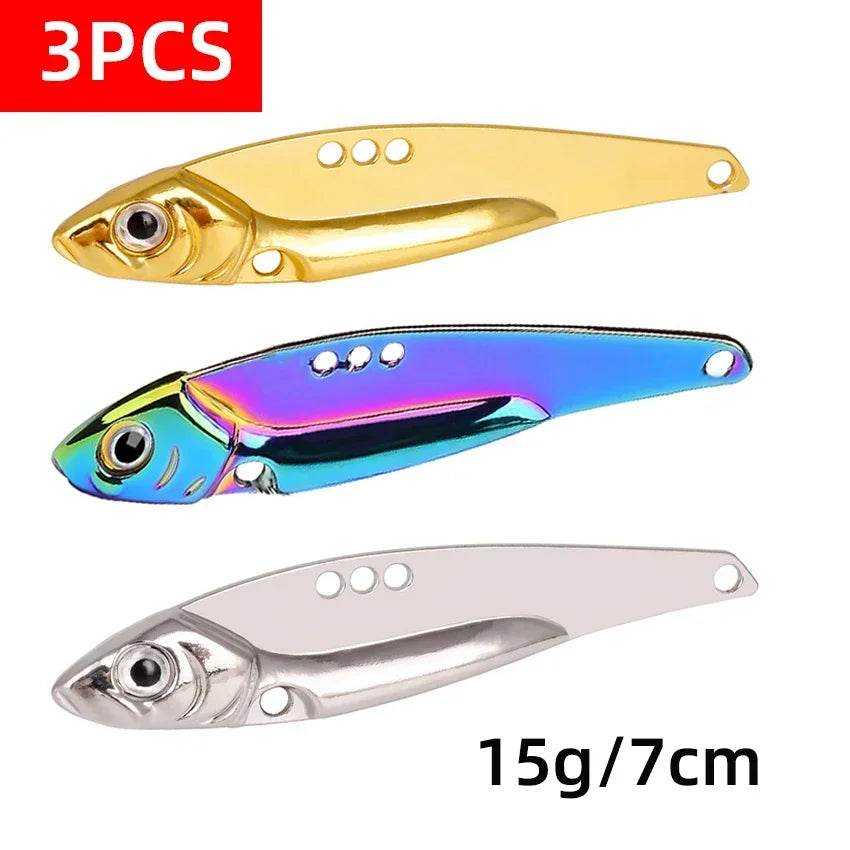 3-Piece Metal VIB Fishing Lure Set – Sinking Spinner Spoon Blade | 7g–25g | Treble Hook | Pike, Carp &amp; Sea Fishing