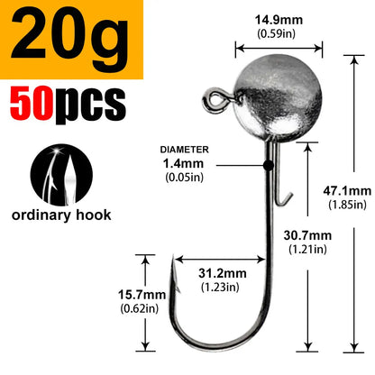 Round Ball Jig Heads – 50 Pack | Weedless Barbed Hook | 1g–20g | Bass, Crappie &amp; Trout