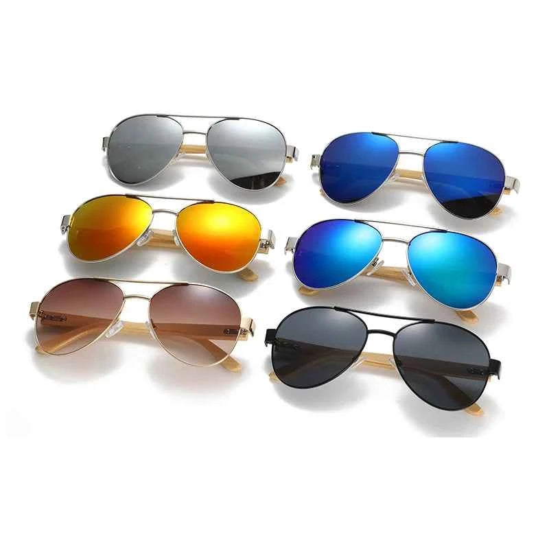 JUNCTURE KP1510 Wood &amp; Metal Pilot Sunglasses – Mirror UV400, Unisex