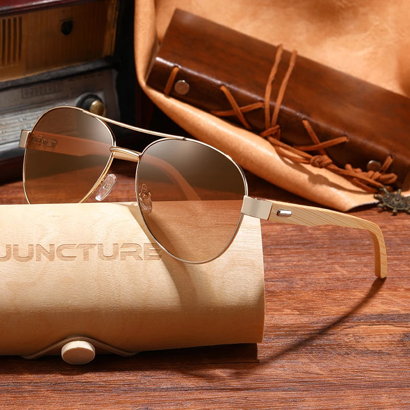 JUNCTURE KP1510 Wood &amp; Metal Pilot Sunglasses – Mirror UV400, Unisex