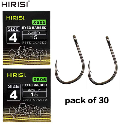 Hirisi X505 PTFE-Coated High Carbon Steel Barbed Carp Hooks – Long Shank, Sizes 