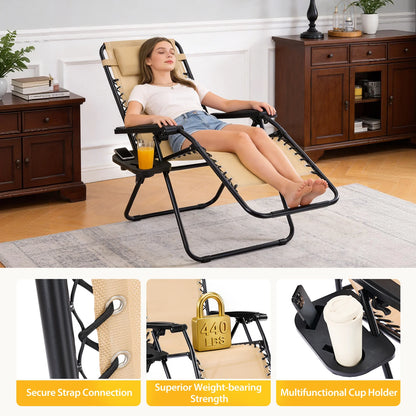 Zero Gravity Recliner Chairs Set of 2 — Portable Folding Lounge Chairs with Cup Holder Tray &amp; Headrest