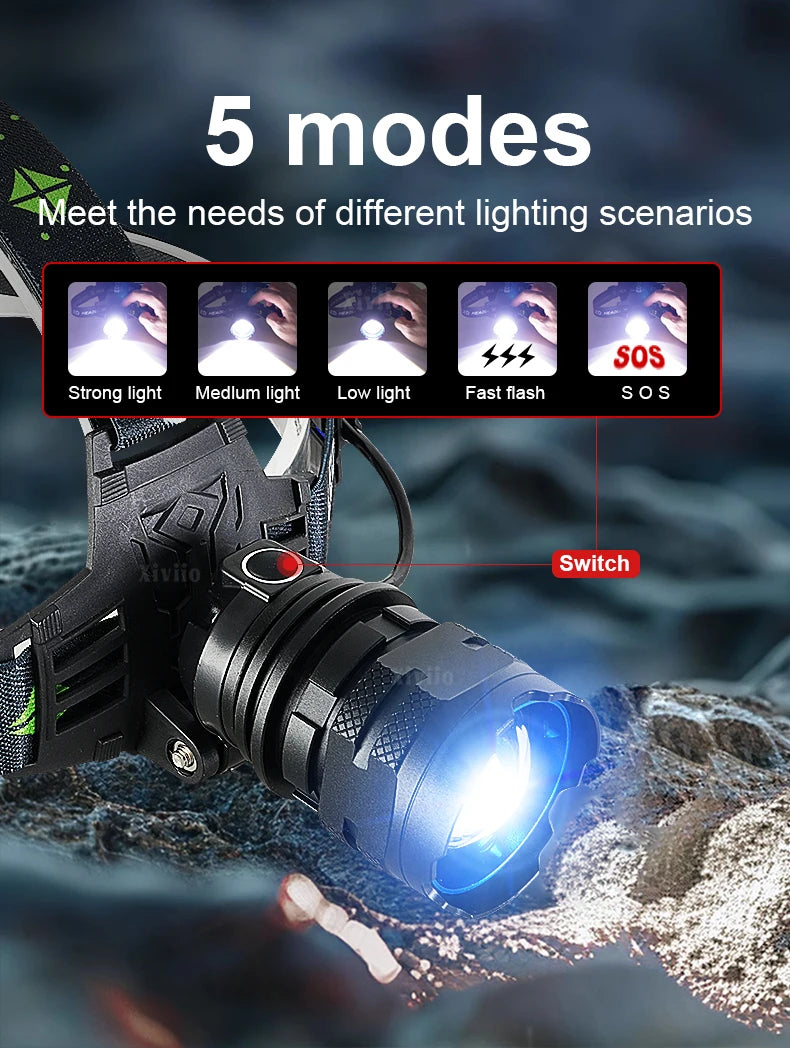 860000000LM Ultra Powerful LED Headlamp Super Bright Long Range 4500M Head Flashlight Rechargeable  Head Lantern Fishing Hunting