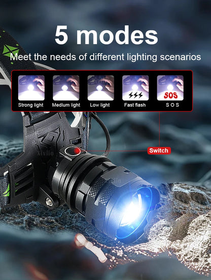 860000000LM Ultra Powerful LED Headlamp Super Bright Long Range 4500M Head Flashlight Rechargeable  Head Lantern Fishing Hunting