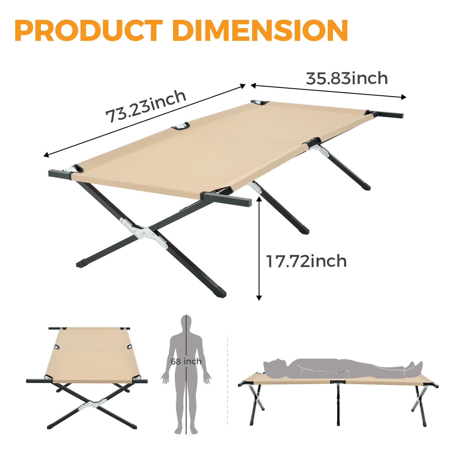 JHK Folding Camping Cot – 300 LBS Capacity | 73" x 30.3" | Tool-Free Setup | Ships from US