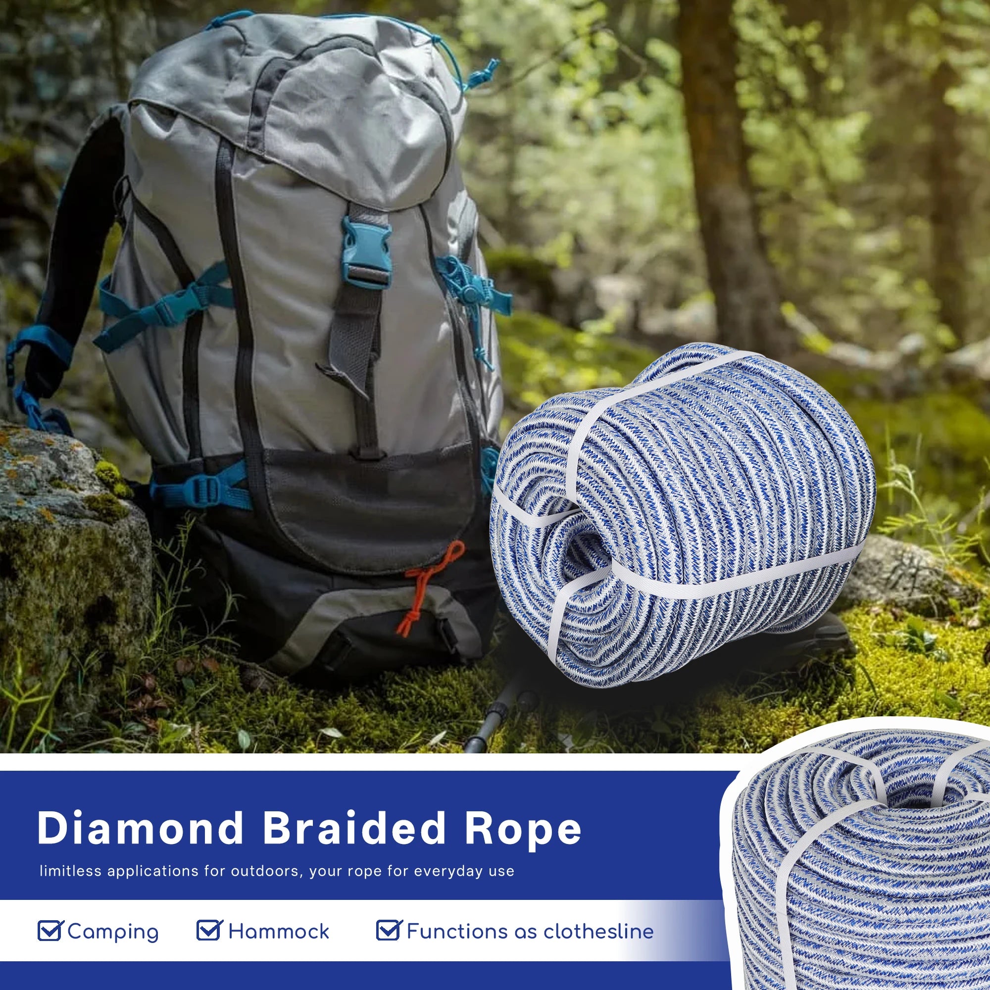 High Strength 20000lbs 3/4 Inch 24 Strand Braided Polyester Rope 200Ft White-Blue-for Tree Climbing Rigging, Arborist