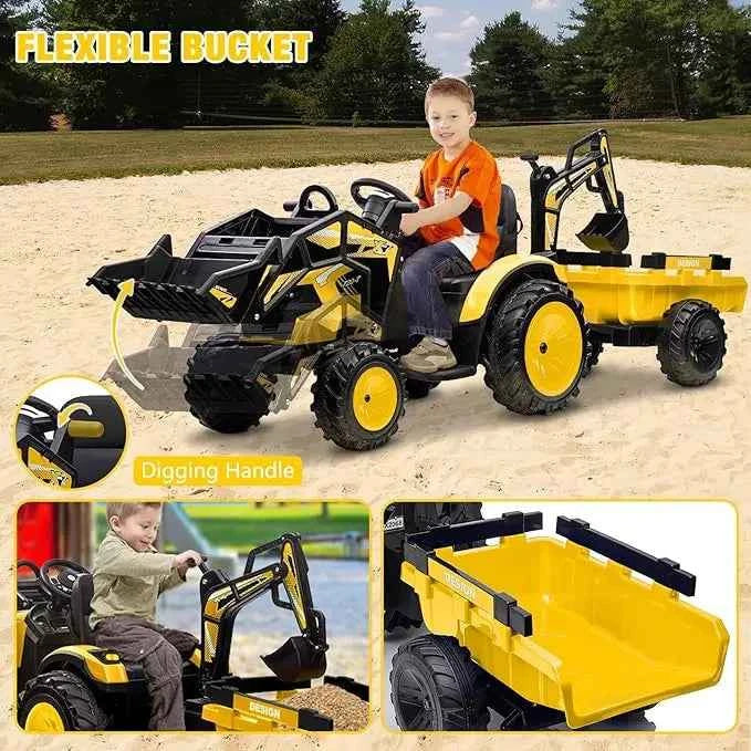 24V 3-in-1 Ride-On Tractor with Excavator &amp; Bulldozer Modes — Kids Electric Construction Vehicle with Trailer, Digger, Shovel Bucket, Parent Remote Control, LED Lights, Music &amp; USB, Battery