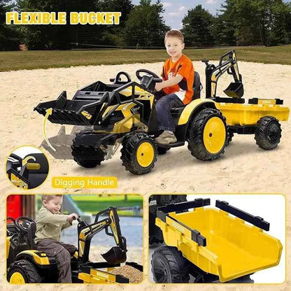24V 3-in-1 Ride-On Tractor with Excavator &amp; Bulldozer Modes — Kids Electric Construction Vehicle with Trailer, Digger, Shovel Bucket, Parent Remote Control, LED Lights, Music &amp; USB, Battery
