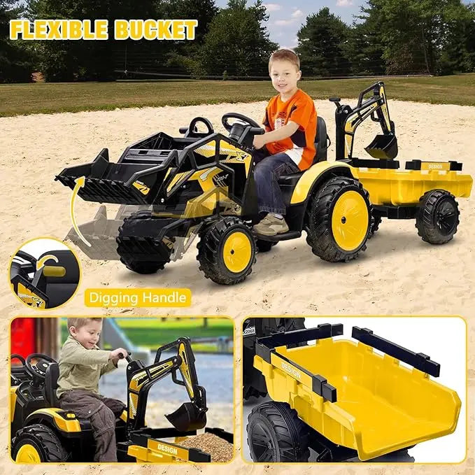24V 3-in-1 Ride-On Tractor with Excavator &amp; Bulldozer Modes — Kids Electric Construction Vehicle with Trailer, Digger, Shovel Bucket, Parent Remote Control, LED Lights, Music &amp; USB, Battery