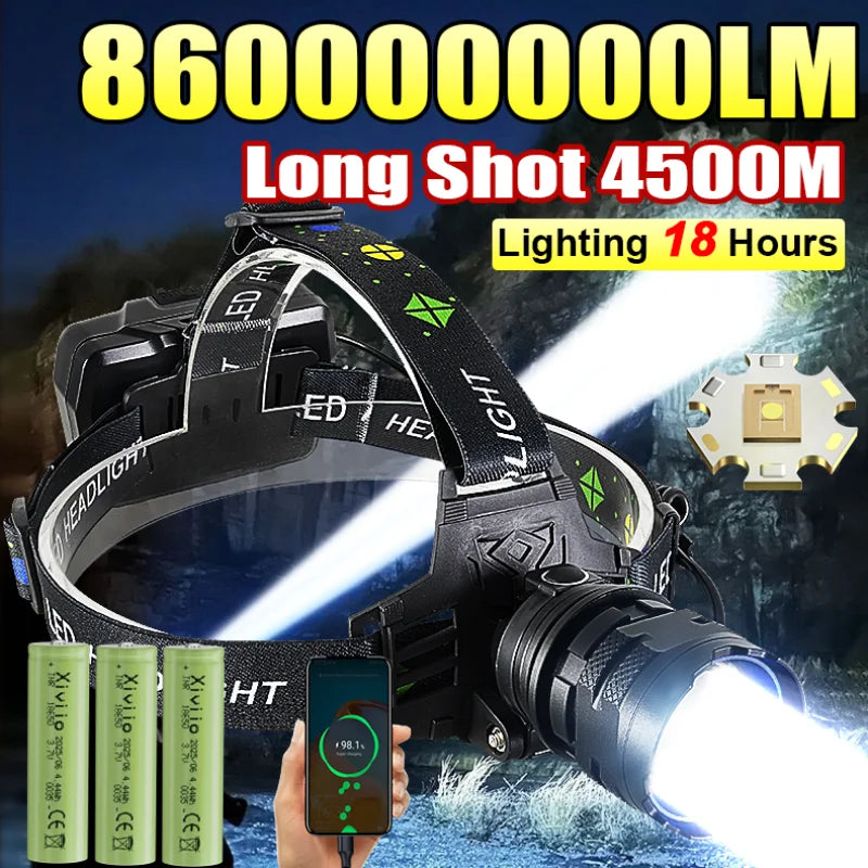 860000000LM Ultra Powerful LED Headlamp Super Bright Long Range 4500M Head Flashlight Rechargeable  Head Lantern Fishing Hunting
