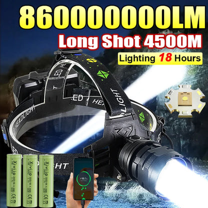 860000000LM Ultra Powerful LED Headlamp Super Bright Long Range 4500M Head Flashlight Rechargeable  Head Lantern Fishing Hunting