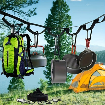 Campsite Storage Strap with 19 Hooks  for Hanging Camping Equipment, Durable Campground Organizer