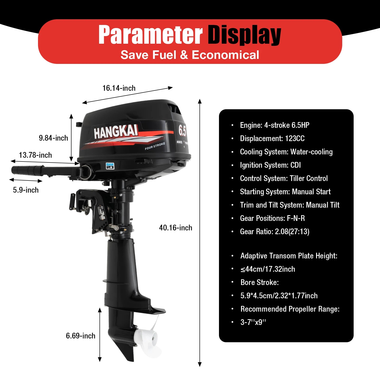 4-Stroke 6.5HP Outboard Motor 123CC, Gasoline Engine with with CDI Ignition &amp; Water-cooling System for Inflatable Fishing Boat