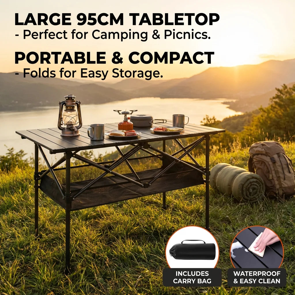 Aoran Portable Folding Camping Table – Adjustable Height, Mesh Shelf &amp; Carry Bag, 95cm / 120cm
