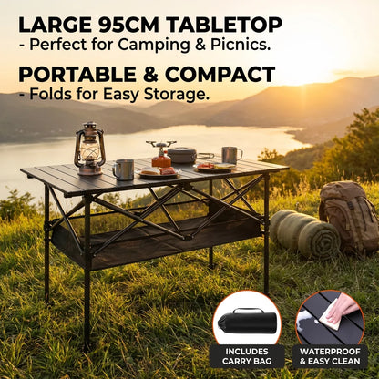 Aoran Portable Folding Camping Table – Adjustable Height, Mesh Shelf &amp; Carry Bag, 95cm / 120cm