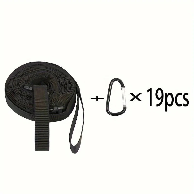 Campsite Storage Strap with 19 Hooks  for Hanging Camping Equipment, Durable Campground Organizer