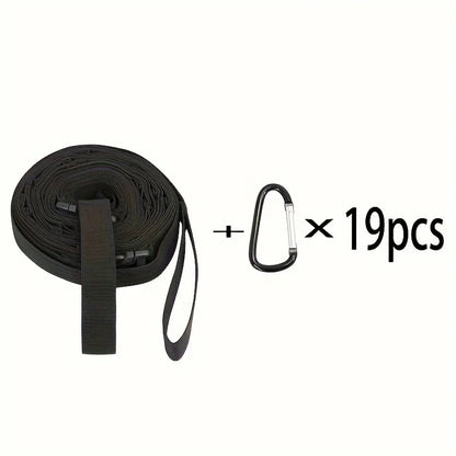 Campsite Storage Strap with 19 Hooks  for Hanging Camping Equipment, Durable Campground Organizer