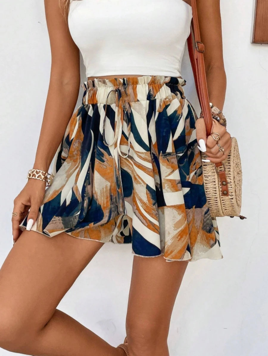 Women Casual Shorts Boho Abstract Print High Waist Ruffled Hem Drawstring Waist Flowy A Line Spring Summer Beach Vacation Shorts