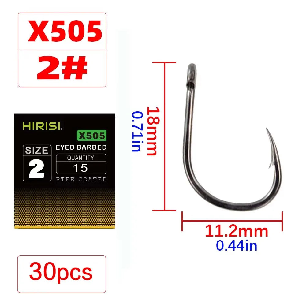 Hirisi X505 PTFE-Coated High Carbon Steel Barbed Carp Hooks – Long Shank, Sizes 