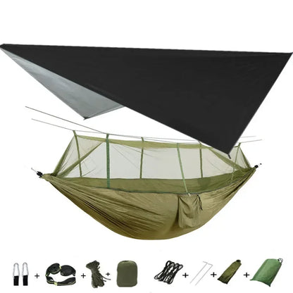 Double Camping Hammock with Mosquito Net, Rain Fly &amp; Tree Straps – 2 Person | 210T Nylon | 600 lb | 3000mm Rainfly